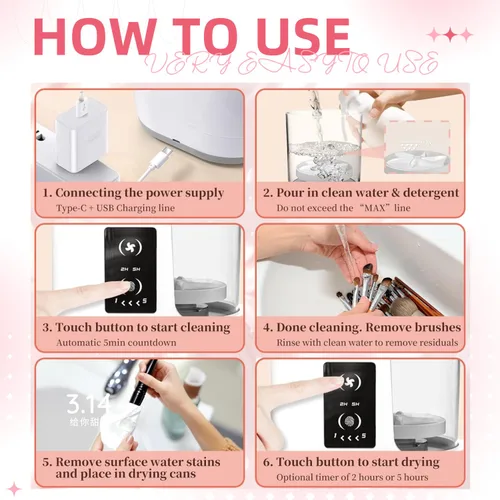 Vista 6 de Máquina limpiadora de brochas de maquillaje eléctrica con secado automático, limpiador de brochas portátil para pieles sensibles, pinceles
