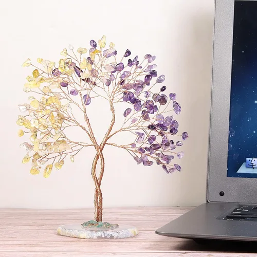 Vista 3 de TUMBEELLUWA Amatista + piedra de cristal citrino árbol de dinero con base de ágata hecha a mano Feng Shui Bonsái árbol de decoración de árbol