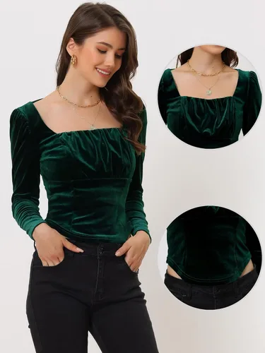 Vista 2 de Allegra K Blusa corta de manga larga para mujer, blusa de terciopelo con cuello cuadrado