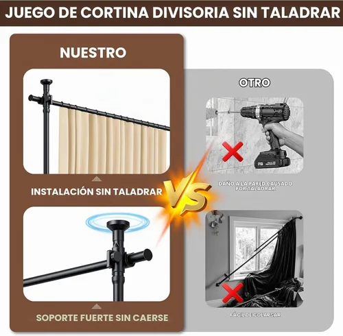 Vista 3 de Juego de cortinas divisoras de habitación, sin taladro, con barra retráctil, sin herramientas, para dormitorio, color beige, 100 pulgadas de ancho x