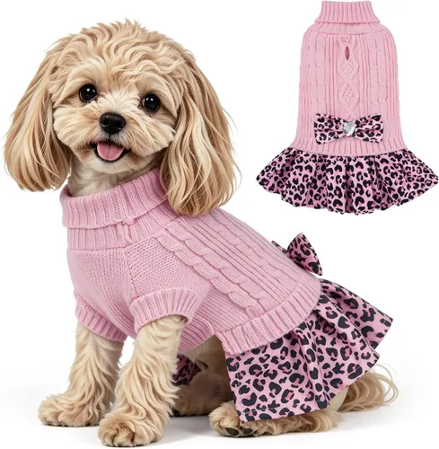 Vista 16 de WOYYHO Vestido de suéter para perro pequeño con corbatín, ropa de perro de Rosa polvoriento