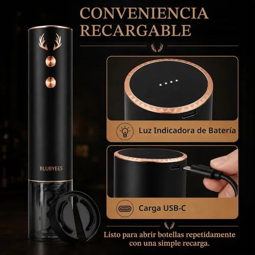 Vista 5 de BLUBYEES Juego de abridor de vino eléctrico recargable 4 en 1 - Sacacorchos automático, cortador de aluminio, aireador y vertedor, tapón de vacío