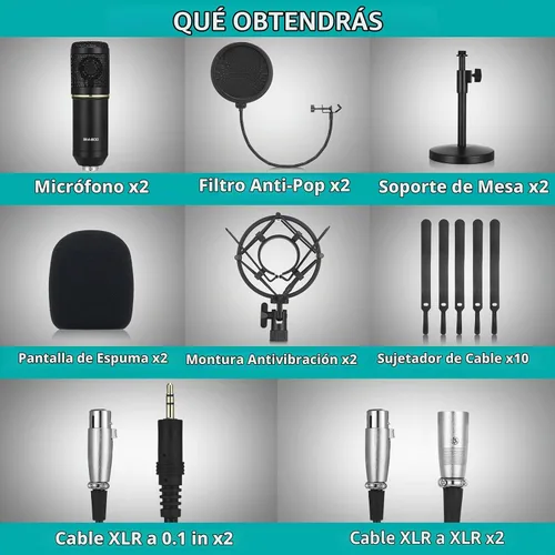 Vista 2 de Sherr Paquete de 2 micrófonos de condensador XLR, kit de micrófono cardioide de estudio profesional, incluye micrófonos cardioides, soporte