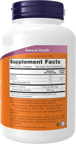 Vista 2 de NOW Suplementos, lecitina de girasol 1200 mg con fosfatidil colina, 100 cápsulas blandas