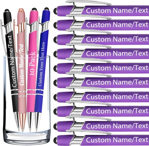 Vista 31 de Bolígrafos personalizados con nombre, paquete de 10 bolígrafos personalizados a granel, bolígrafo de tinta negra grabada con punta de lápiz óptico
