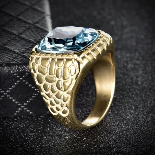 Vista 4 de Anillo grabado de acero inoxidable, color dorado, zirconia cúbica, aguamarina, azul sintético, de lujo, para hombre, de MASOP