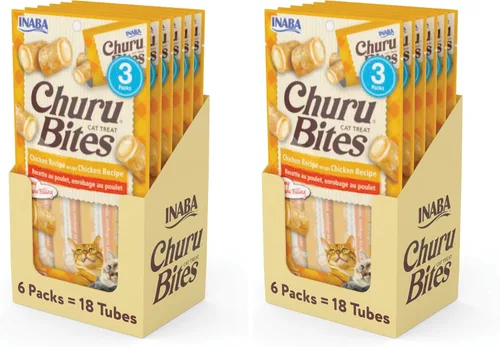Vista 10 de INABA Churu Bites para Gatos, Golosinas para Gatos Rellenas de Churu Envueltas en Pollo Horneado Suave/Masticable con Vitamina E, 0.35 Onzas por