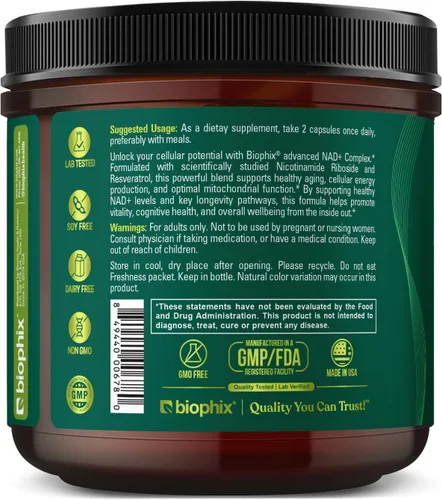 Vista 9 de biophix Suplemento liposomal NAD+ para mujeres y hombres, 1000 mg por porción, ribósido de nicotinamida, resveratrol micronizado y complejo