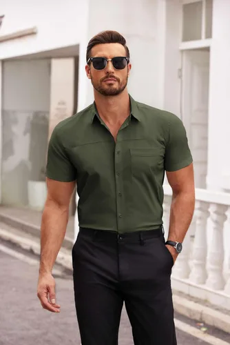 Vista 4 de COOFANDY Camisas de vestir para hombre, de manga corta, de algodón, casual, con botones, con bolsillo