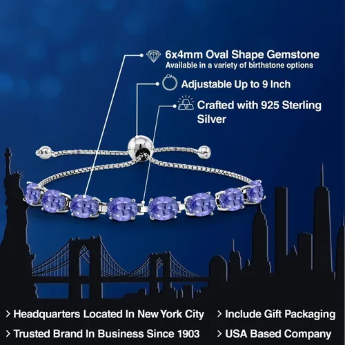 Vista 105 de Gem Stone King Pulsera de plata de ley 925 con piedra natal ovalada de 0.276 x 0.197 in para mujer, totalmente ajustable hasta 9 pulgadas