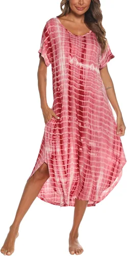 Vista 7 de AVIIER - Camisones de algodón para mujer, ropa de dormir suave con bolsillos, tallas S a XXL Negro Floewer 4