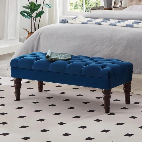 Vista 12 de 24KF Banco de entrada tapizado con botones capitoné de terciopelo con pata de madera maciza, banco de cama otomano con asiento acolchado, 5061N-Negro