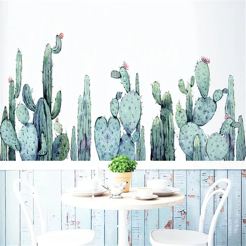 Vista 4 de Calcomanías de pared de cactus de acuarela, plantas verdes tropicales, calcomanías de pared