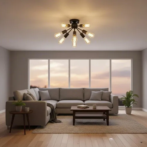 Vista 8 de Lámpara Sputnik de techo de 8 luces, moderna lámpara industrial negra semiempotrada para cocina, comedor, dormitorio, sala de estar, base E26