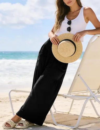 Vista 7 de Athlisan Pantalones palazzo holgados de pierna ancha para mujer, estilo casual, bohemio, fruncido, cintura alta, pantalones de descanso, playa