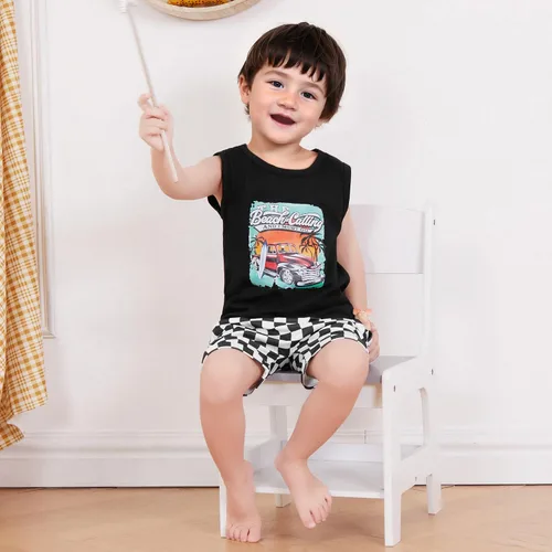 Vista 11 de Ropa de bebé niño sin mangas + pantalones cortos con estampado a rayas con bolsillos, 2 piezas de trajes de verano
