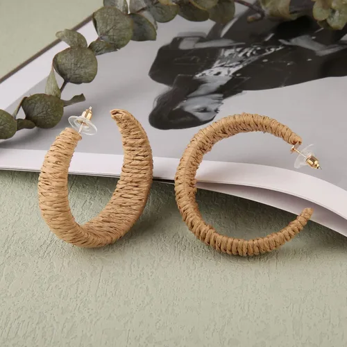 Vista 3 de Aretes de rafia para mujer, aretes bohemios de playa, hechos a mano, trenzados, geométricos, colgantes