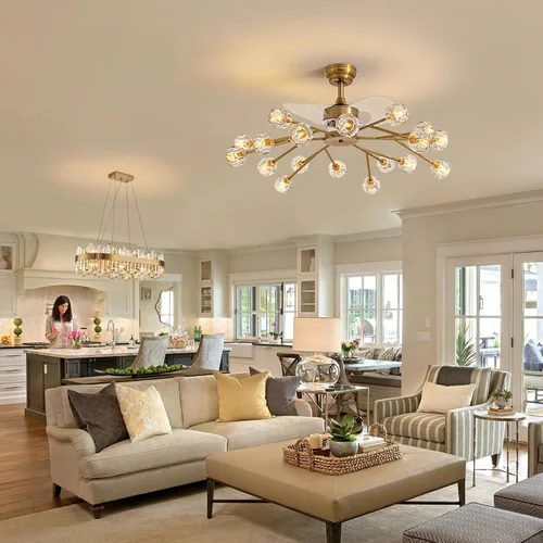 Vista 2 de Siljoy - Ventilador de techo de cristal moderno con 18 luces y control remoto, candelabro de cristal estilo Sputnik en latón dorado estilo granja