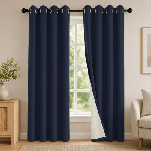 Vista 10 de 2 paneles de cortinas 100% opacas, de peso medio, con aislamiento térmico y ojales para dormitorio, sala de estar, tratamiento de ventana