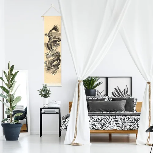 Vista 7 de Póster colgante de lienzo para pared, pintura de dragón chino, tinta y acuarela, tapiz de pared con efecto mitológico con 2 borlas y barra colgante