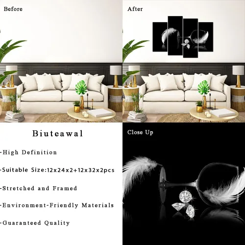 Vista 6 de Biuteawal 4 piezas de lienzo blanco y negro para pared, pintura de plumas de diamante con vidrio, pintura fotográfica sobre lienzo, arte de moda