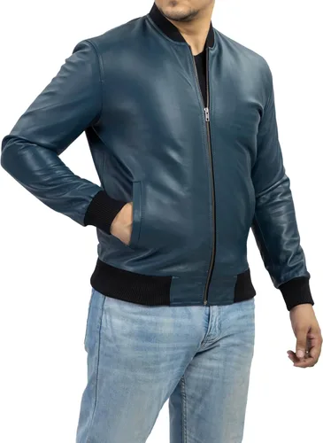 Vista 12 de Jild Varsity Style Leather Bomber Jacket Men - Chaqueta de cuero de gamuza real de moda casual MA-1 para hombre