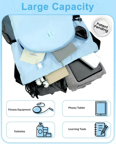Vista 5 de Mochila de gimnasio con cordón y compartimento para zapatos para hombres y mujeres, bolsa deportiva de cuerda con bolsillo húmedo, bolsa de playa
