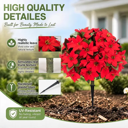 Vista 2 de Árbol de bola de pascua artificial de 26 pulgadas, paquete de 2, resistente Poinsetia