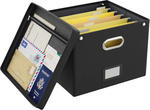 Vista 26 de Oterri Caja organizadora de archivos con tapa, caja de archivos colgante con bolsillo de malla, caja organizadora de documentos para archivos