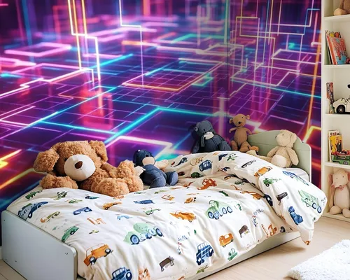 Vista 2 de Murales de pared de lienzo geométricos autoadhesivos de los años 80 de neón retro Synthwave 3D, líneas brillantes, papel tapiz de pared
