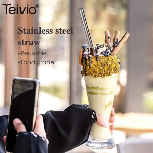 Vista 13 de Teivio 8 popotes de acero inoxidable de 5/16 pulgadas de ancho para vaso de 40 onzas con asa, popotes de metal reutilizables de 12 pulgadas