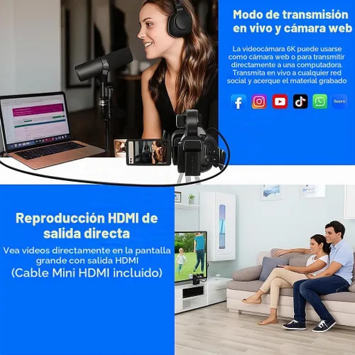 Vista 3 de Acuvar Videocámara 4K/6K – Cámara de vlogging de 64MP para YouTube, 60FPS, zoom 18X, WiFi, cámara web – Incluye micrófono, estabilizador, tarjeta