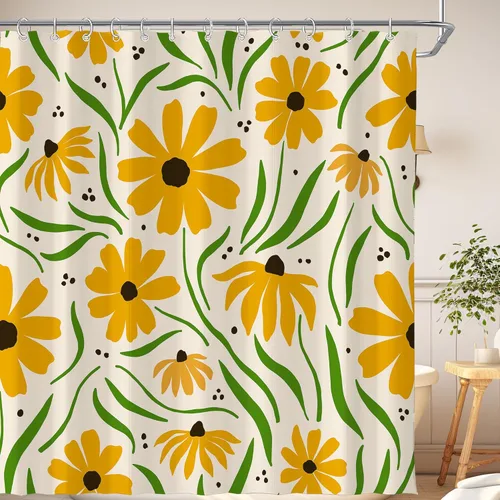 Vista 13 de Cortina de ducha pequeña para casa rodante, tamaño medio, estilo retro de los 70, con flores bonitas, estética abstracta de margaritas, decorativa