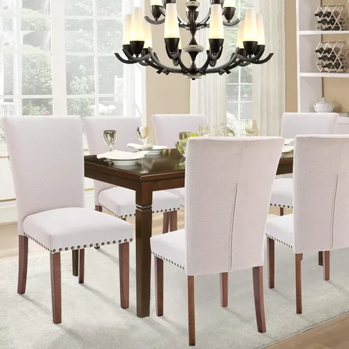 Vista 2 de Juego de 2 sillas tapizadas de tela para comedor, sillas de cocina estilo Parsons con ribete de cabeza de clavo y patas de madera - Beige