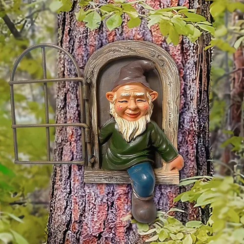 Vista 3 de Abrazador de árbol de elfo de 5.7 pulgadas, divertida estatua de gnomo de jardín, figura de gnomo de resina colgante, escultura de árbol caprichosa