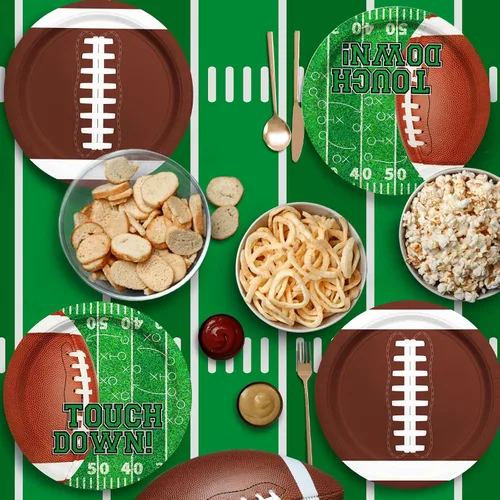 Vista 2 de Kit de suministros para fiestas de fútbol – Sirve a 48 invitados con platos de papel de 9 pulgadas para fiesta de cumpleaños de fútbol, día