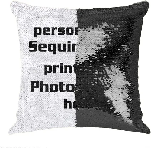 Vista 2 de Funda de almohada con lentejuelas para fotos/texto, imagen oculta, regalo personalizado único para amigos, familia, mascotas, lentejuelas negras