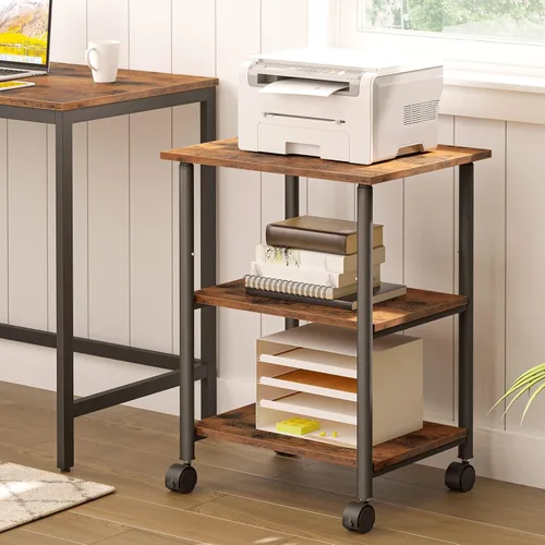 Vista 2 de HOOBRO Soporte para impresora, carrito industrial de 3 niveles para impresora debajo del escritorio con estante, estante de almacenamiento móvil