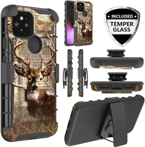 Vista 3 de Funda para Google Pixel 5 con protector de pantalla de vidrio templado, resistente a prueba de golpes, funda para cinturón, soporte (ciervo)