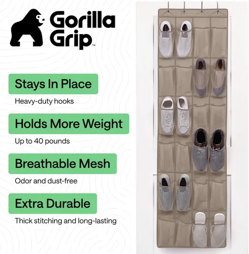 Vista 2 de Gorilla Grip - Zapatero para colgar en la puerta, 24 bolsillos de malla para sostener hasta 40 libras, organizador para parte trasera del armario