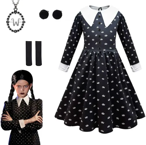 Vista 2 de YUEGOO Vestido de disfraz negro para niñas, disfraces de Halloween, vestido de fiesta de cosplay con accesorios de 3 a 12 años