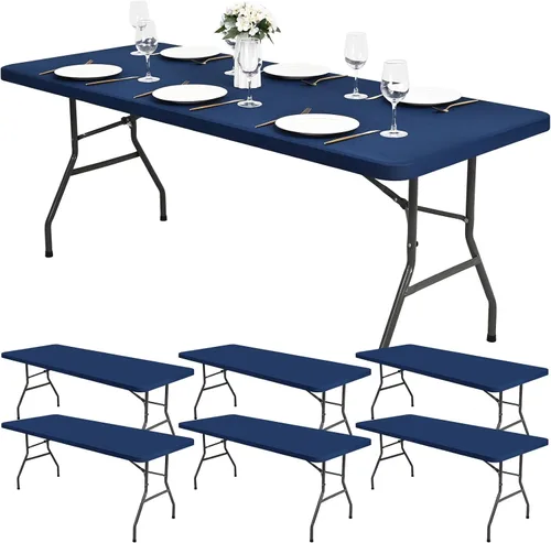 Vista 11 de Paquete de 6 fundas de tela elástica para mesa, color beige, para mesas de 8 pies, protector de mantel rectangular universal lavable y elástico