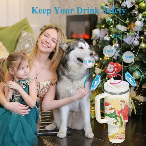 Vista 8 de 4 piezas de adornos para popote de Navidad, cubierta de popote Stanley de Amreich Christmas Stanley, vaso de 30 onzas y 40 onzas con asa, fundas