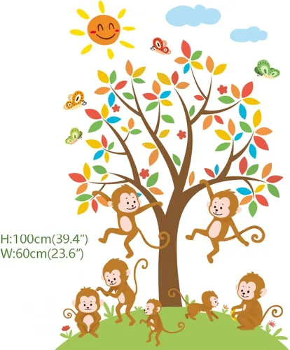 Vista 4 de Runtoo Calcomanías de pared de mono con diseño de árbol de animales de la selva para decoración de pared de dormitorio de niños Árboles de mono