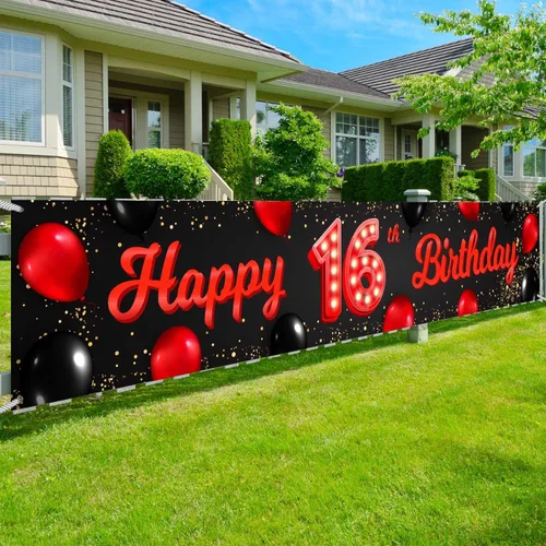 Vista 41 de Cartel de feliz cumpleaños número 10 color rojo y negro, globos para decoración temática para patio, jardín, niñas, mujeres, princesas, decoraciones
