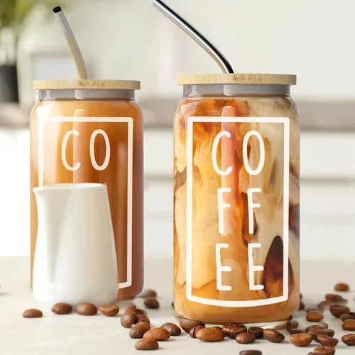 Vista 4 de Vaso de café helado con tapa de bambú y pajita, de 16 onzas, estilo tarro Mason para café helado, boba y batidos