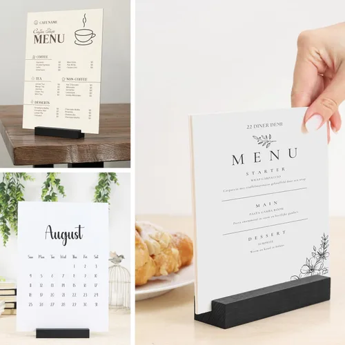 Vista 4 de Paquete de 10 portatarjetas de madera negra – Soporte para letreros de mesa de eventos – Tarjetas de lugar de mesa – Soporte de letrero de mesa