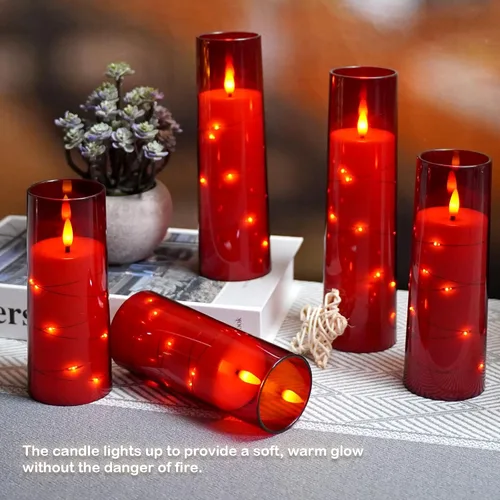 Vista 4 de Velas sin llama, funcionan con pilas, 5 velas LED acrílicas parpadeantes con control remoto, con cadena de estrellas incrustada, vela de pilar sin