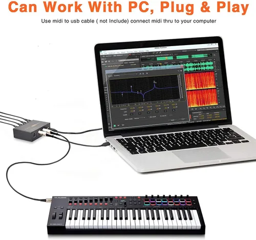 Vista 5 de MIDI Thru 6 Box USB MIDI Interfaz 1 en 6 salidas con cable Transmisión con Optoacoplador de alta velocidad MIDI Splitter, Plug-and-play