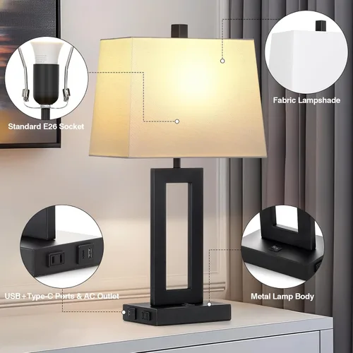 Vista 2 de Cinkeda Juego de 2 lámparas de mesa con puertos USB C+A y salida de CA, lámparas de noche, lámparas modernas para dormitorio, lámparas negras
